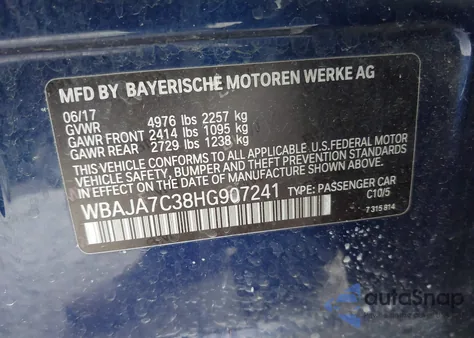 2017 BMW 530I xDrive from USA, damaged, VIN WBAJA7C38HG907241